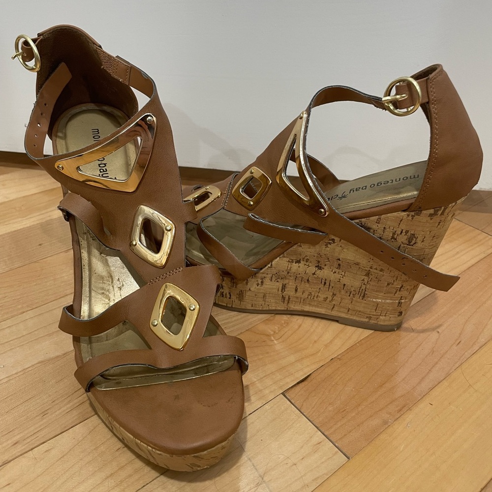 Size 10 brown cork wedge sandals from Montego Bay with gold embellishments